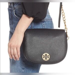 Tory Burch Everly Black Pebbled Leather Flap Saddle Crossbody